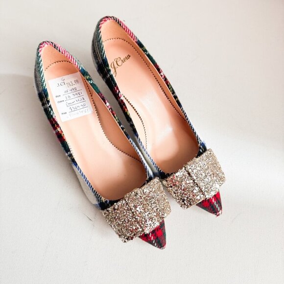 J Crew Wool Plaid Sparkly Bow Heels 6 - Picture 1 of 10